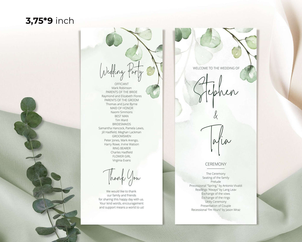 Ceremony Program Template, DIY Printable, Eucalyptus & Calligraphy