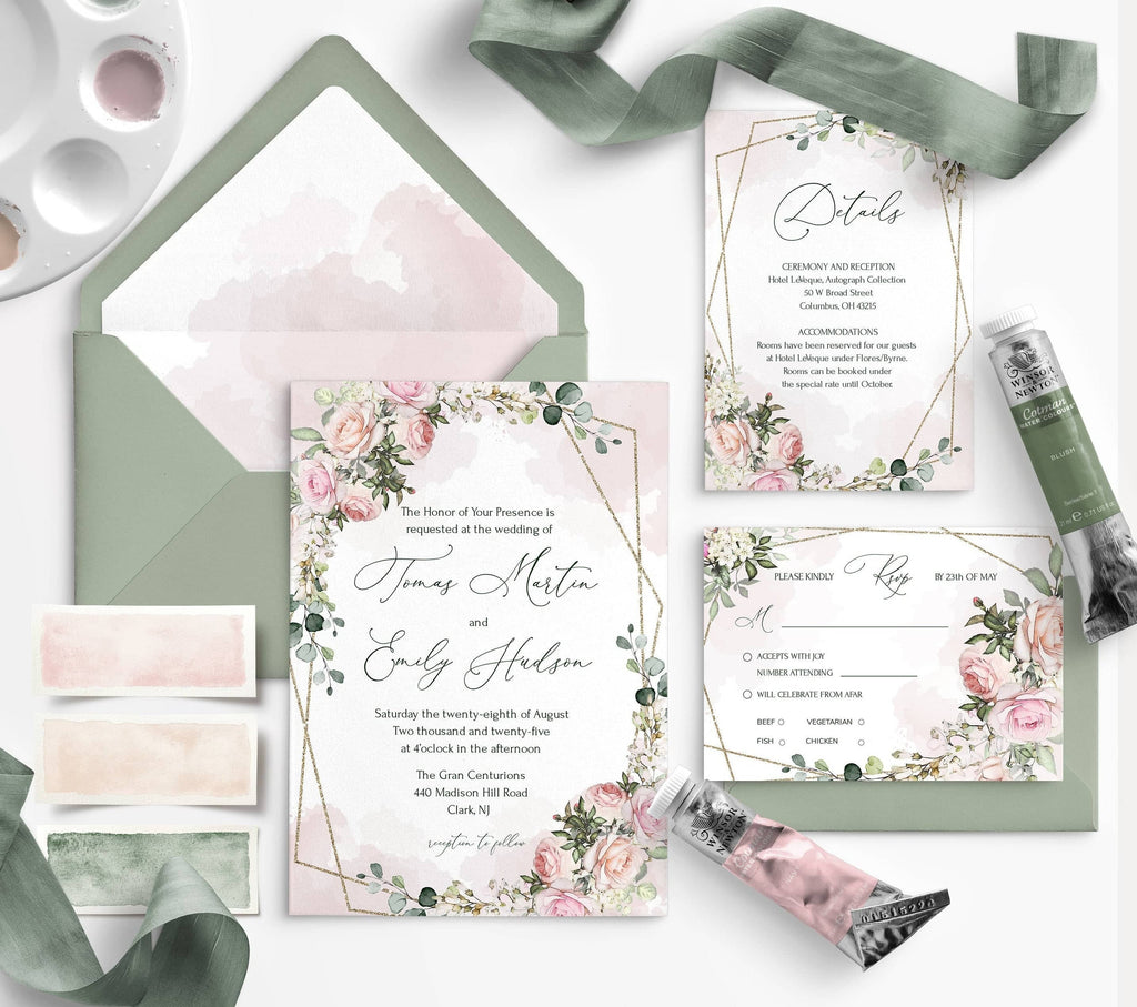 Wedding Invitation Set Template with Watercolor soft blush pink Flowers, Floral, Editable, Printable Bundle For Home Printing, Invites Suete