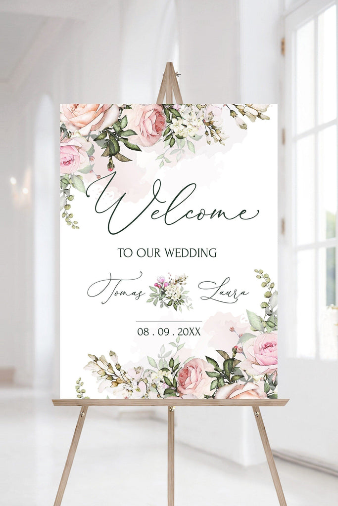 TEA ROSE Welcome Sign Template | Blush Pink Flowers Wedding Welcome Boad | Floral Custom Sign | Editable, Printable and Diy
